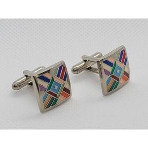 VTG Joseph Abboud Silvertone Cufflinks Geometric Multicolor Cross Pattern Enamel
